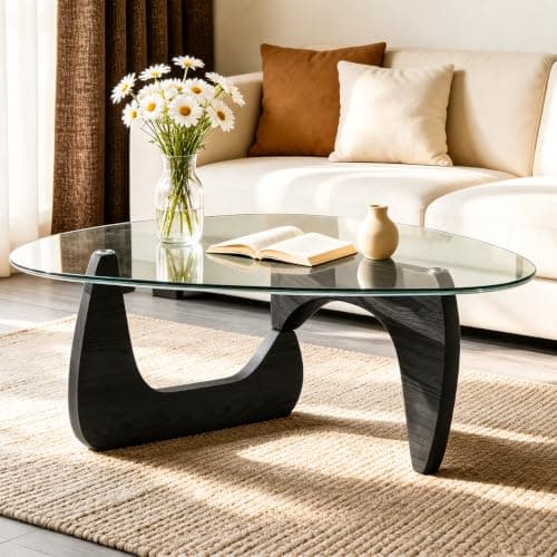 telkener Glass Coffee Tables for Living Room, Mid Century Modern Coffee Table, Triangle Tempered Glass Top and Solid Wood Base, Easy Assembly, Black, 44.8" x 32.2" x 16.1" - Image 1