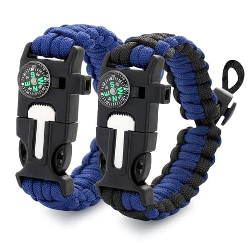 Paracord Bracelets for Men and Women – Adjustable Survival Paracord Bracelet with 11.8 ft Nylon Cord, Flint Fire Starter, Compass, Whistle & Scraper – Camping, Hiking, Fishing Gear (Blue Combo)