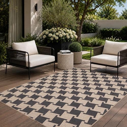 Latte&Fog Modern Checkered Easy Jute 5x7 Area Rugs, Washable Outdoor Patio Rug for Living Room, Black and Brown Contemporary Non Slip Natural Indoor Carpet for Bedroom Backyard Office Dining Room - Image 1
