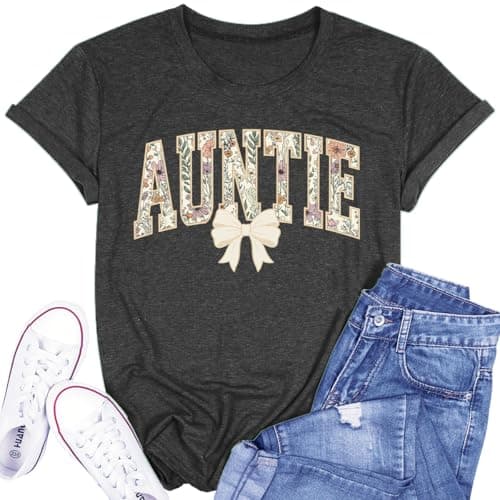 QIXYN Mama Shirts Bow Graphic Tee for Women Mom Shirt Vintage Casual Short Sleeve Trendy Mother Gift Tops for Auntie