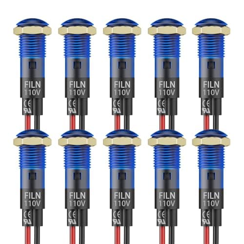 FILN 10PCS Small 110V LED Indicator Light, 8mm (5/16") IP67 Waterproof Low Power Pilot Lights Panel Mount for Car, Truck, Boat, Marine, Dash(110v, Blue)