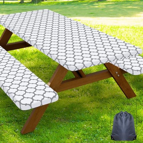 Smiry Picnic Table Cover with Bench Covers, Waterproof Elastic Fitted Tablecloth for 6 Foot Tables, Washable Polyester Tablecloths for Camping, Indoor & Outdoor (White, 30x72 Inch 3-pc Set) - Image 1