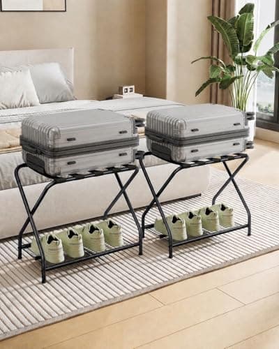 NEFROM Set of 2 Foldable Black Luggage Rack Stands with Storage Shelves – Heavy Duty Metal Holders, 150 lbs Top, 50 lbs Bottom Each, Fits 20”-28” Luggage – Guest Room, Bedroom, Hotel LR-BK-2 - Image 1