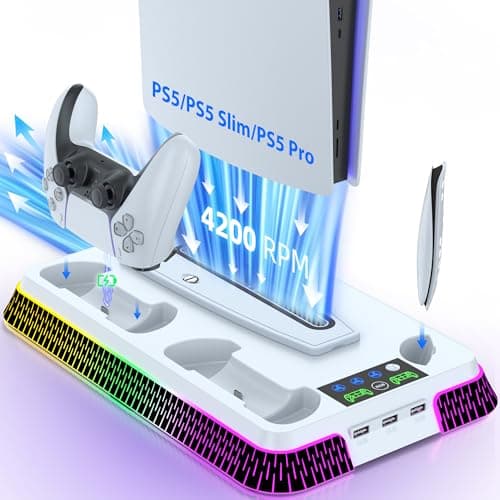 Cooling Station and Console Stand for PS5/Pro/Slim, Dual Controller Charging Station with Ambient RGB Lighting for PlayStation 5, PS5 Stand Controller Charger for Disc & Digital with Cooling Fan - Image 1