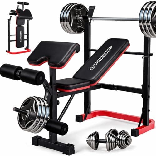 OPPSDECOR Weight Bench Set with Squat Rack, Leg Extension & Preacher Curl Pad, 660LBS Full Body Home Gym Bench Press for Beginners, Women & Teens - Image 1