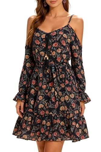 Women's Off the Shoulder Spaghetti Strap Black and Red Floral Print Long Sleeve Shift Belt Dress Ruffle Flowy Midi Sundress with Pockets 2026 Casual Vocation Brunch Beach Bohe Vintage Cover Up Dress - Image 1