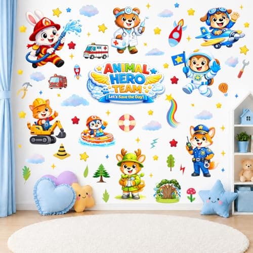 Animal Wall Stickers Decals, Animal Hero Team/Forest/Star/Cloud Wall Stickers for Kids Baby Boys, 134 Piece UV PVC DIY Removable Reusable Jungle Animal Wall Decals Stickers for Nursery Classroom - Image 1