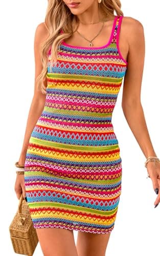PRETTYGARDEN Womens 2026 Summer Mini Dresses Square Neck Sleeveless Tank Bodycon Striped Boho Sundresses Beach Vacation Criuse Outfits (Red, S) - Image 1