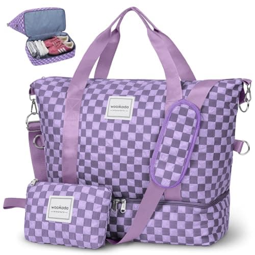WOOMADA Weekender Bag for Women, Travel Duffel with Shoe Compartment & Wet Pocket, Personal Item & Overnight Bag for Airlines, Sport Gym Tote(Lavender Checkerboard) - Image 1