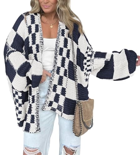 BTFBM Casual Cardigan Sweater for Women Fall 2026 Long Sleeve Open Front Chunky Knit Sweaters Checkered Outwear Coat(Navy,Small) - Image 1
