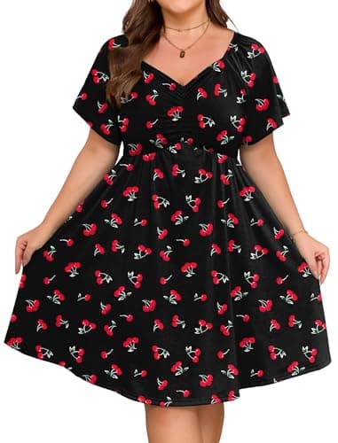 HUSKARY Summer Dress for Women 2026 Plus Size Sweetheart Neckline Flare Short Sleeve Knee Length A Line Elastic Waist Casual Midi Dress with Pockets Cherry - Image 1