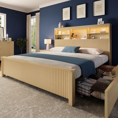 Uteeran Queen Size Bed Frame and Tall Headboard & Storage, Metal Platform Bed Frame with 4 Storage Drawers, Queen Bed Frame with LED Lights & Charging Ports, No Box Spring Needed, Noise-Free, Natural - Image 1