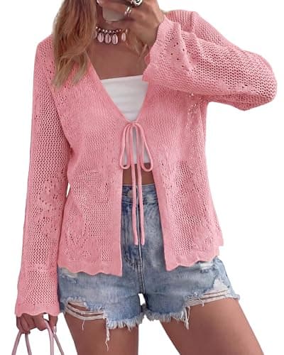 BTFBM Summer Cardigans for Women Lightweight 2026 Spring Crochet Hollow Out Long Sleeve Tie Front Beach Vacation Coverups(Pink, Medium) - Image 1
