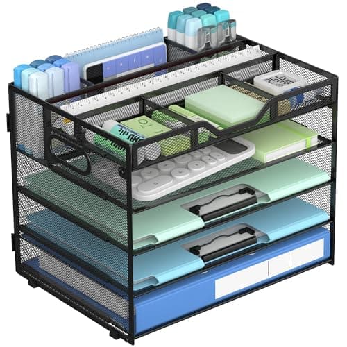 Docnest 5 Tier Mesh Desk Organizer with Adjustable Compartments - Stackable Letter Tray with Built-in Pen Holder & Handles - Desktop File Storage for Office, Home, School Supplies - Black - Image 1