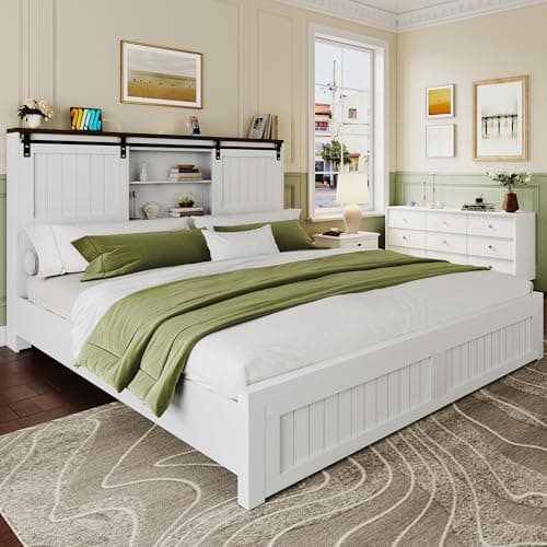 Uteeran Queen Size Bed Frame with Storage, Sliding Barn Door, Farmhouse Wood Platform Bed with Reading Light and Charging Station, Wood Slats Support, Easy Assembly, Noise-Free, Antique White - Image 1