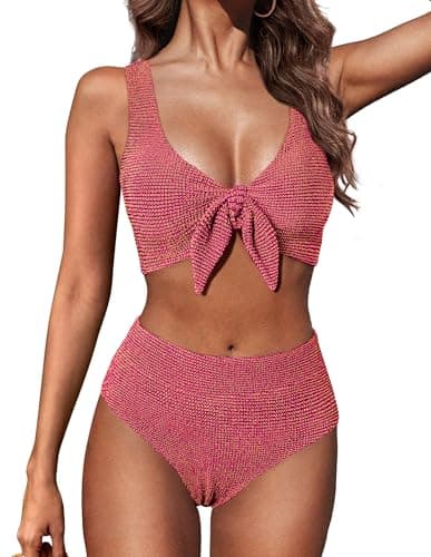 Women Bikini Sets 2 Piece Bathing Suit High Waisted Swimsuit Push Up Bikinis Full Coverage Swim Set Swimwear Top Bottoms Hot Pink - Image 1