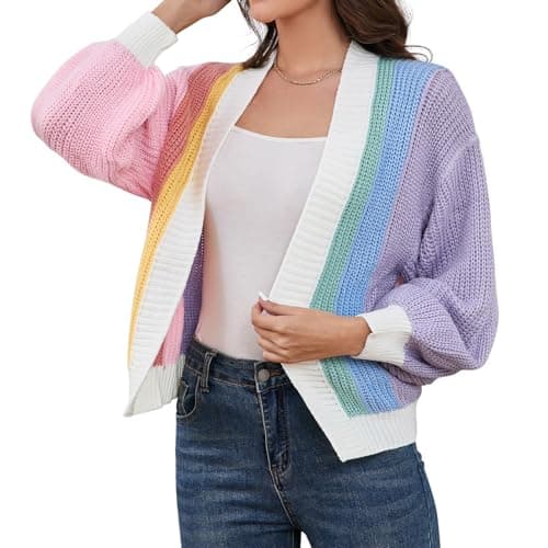 Women's Color Block Short Cardigan Without Button Trendy Open Front Cropped Long Sleeve Sweaters Fall Spring Dopamine Clothes for Teen Girl (Pink,XL) - Image 1