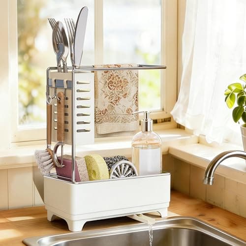 MOUKABAL Sponge Holder for Kitchen Sink, 2-Tier Sink Caddy Organizer with Drain Holes and Hooks, Holds Dishcloth, Sponge & Brushes, Kitchen Countertop Storage for New Home Essentials Off-white - Image 1
