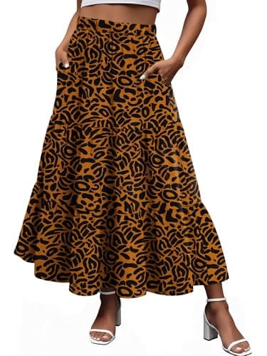 Magritta Women's Maxi Skirt Elastic Waist Ruffle Hem A-Line Tiered Boho Dress Brown Leopard Medium - Image 1