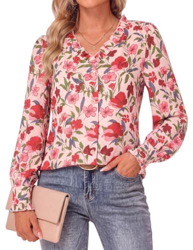 GRACE KARIN Women’s Boho Floral Tops, 2026 Fall Button Down Long Sleeve Blouses, Dressy Casual V Neck Work Trendy Shirts Red Pink Floral M - Image 1