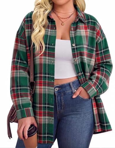 IN'VOLAND Plus Size Womens Button Down Shirts Long Sleeve Flannel Tops - Image 1