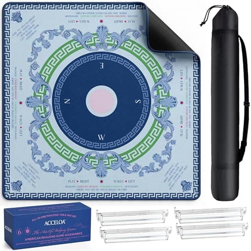 Acceloa American Mahjong Mat and Racks Set - 31.5" Waterproof High-Density Neoprene Mat with Rules, 4 Clear Acrylic Mahjong Racks with Carrying Bag - Premium Gift Box (Navy Compass) - Image 1