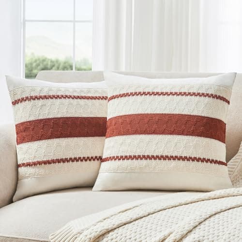 GriNeed Throw Pillow Covers Set of 2 18x18 Inch Boho Pillow Covers, Soft Neutral Cotton Rust Decorative Fall Case for Couch Sofa Bed Living Room, Home Modern Woven Farmhouse Cute Decor - Image 1
