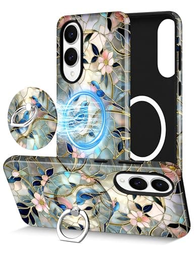 Aitipy Magnetic Phone Case for Samsung Galaxy S23 FE, Compatible with Magsafe, with Cute Stained Glass Flower Bird Stand Ring Holder Aesthetic Protective Phone Cover for Women Girls - Image 1