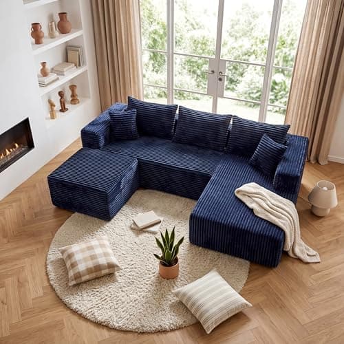 BSHOMGI 92.5'' U-Shaped Boneless Couches, Comfy Corduroy 3 Seaters Sofas with Ottoman, Modern High Back Sectional Sofa for Living Room with Oversized Chaise Deep Seat Sofa, No Assembly Needed - Image 1