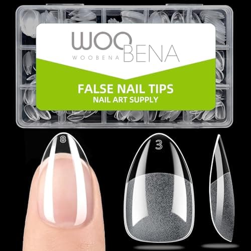 Woobena Short Almond Nail Tips, Short Gel Nail Tips 300Pcs 15Size Pre Etched Press On Nails Clear Acrylic Fake Nails Almond Shaped Full Cover Nails Extension Home Art DIY Salon - Image 1