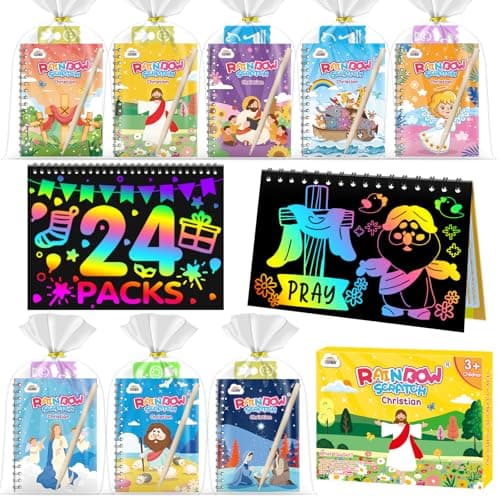 ZMLM Rainbow Scratch Party Favors Kids: Birthday Gifts Toy Bulk Scratch Art Notebook Birthday Goodie Bags Stuffers Girls Boys Art Craft Kit Pads Classroom Prizes School Teacher Return (Christian, 24) - Image 1
