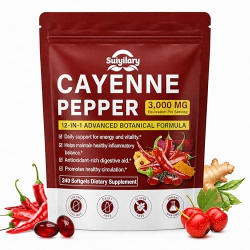 Cayenne Pepper Capsules, Capsaicin Supplements, Supports Leg Vein, Heart and Blood Vessel Health, 12-in-1 Extracts blend Vitamin E D3+K2, Grape Seed, Hawthorn, Beetroot, Berberine, 240 Softgels