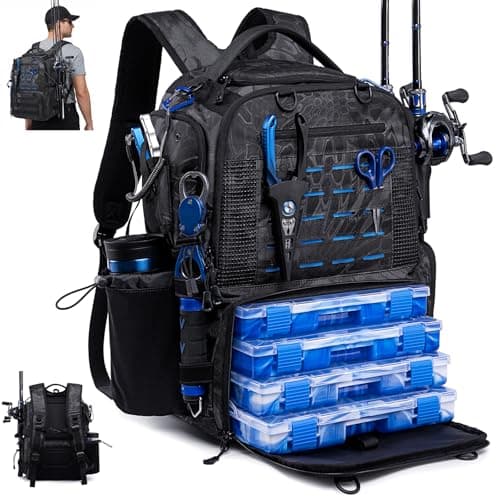 oinitiry Fishing Tackle Backpack with Tackle Boxes, Two Rod Holders, Bottle Holder, 50L Waterproof Tackle Bag for Fishing Gear, Fish Gifts for Men, Black Camo (4 Tackle Boxes Included - Image 1