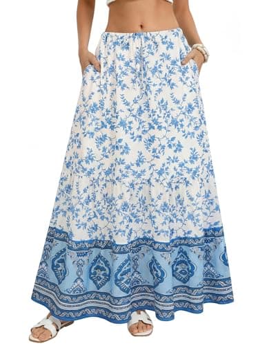 Kate Kasin Womens Blue Maxi Long Skirt, Summer Flowy Boho Floral Skirts, Beach Vacation Fashion Outfit 2026 L - Image 1