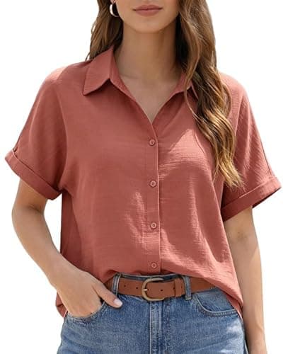 JEKAOYI Womens Button Down Shirts Cotton Casual Summer Short Sleeve Blouses V Neck Tops for Beach Travel B-red - Image 1