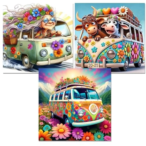 Zythron 3 Pack Diamond Art Kits for Adults Bus Diamond Painting Kits for Adults Cartoon Flowers Cow 5D Diamond Painting,DIY Full Drill Gem Art and Crafts Kits for Home Wall Decor 12x12 inch - Image 1