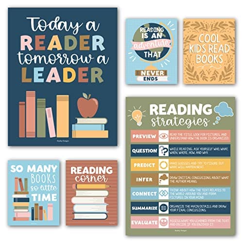 Hadley Designs Reading Posters for Classroom Elementary and Library Decor - 6 Reading Corner Decor for Classroom Decorations, Reading Strategies Library Posters, Colorful Bulletin Board Decorations