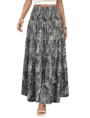 ZAFUL Women’s Summer Boho Maxi Skirts Bohemian Print Smocked High Wasited Flowy TieBlack and White Ruffle Long Beach Skirt Black and White S - Image 1