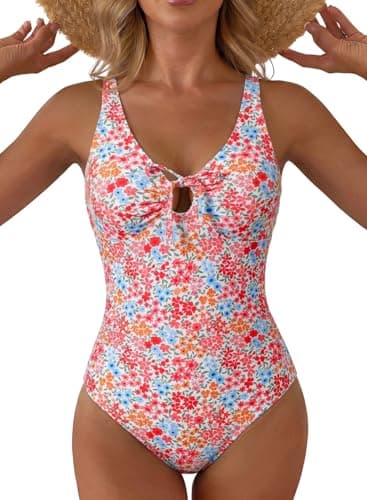 Aleumdr Push Up One Piece Bathing Suit for Women Slimming Tummy Control Swimsuit Heyhole High Cut Sexy Swimwear Floral Pink Medium - Image 1