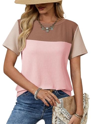 Dokotoo Short Sleeve Shirts for Women Color Block Crewneck T Shirt Cute Blouses Spring Summer Casual Loose Tops and Blouses Resort Wear for Women 2026 Brown Small - Image 1