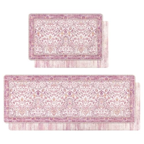 U'Artlines Kitchen Anti Fatigue Mats Sets of 2,Double-Sided Print Kitchen Mat Cushioned Comfort Standing Waterproof PVC Rugs,Pink Floral Rugs for Laundry Office Desk Sink(17"x28"+17"x47")