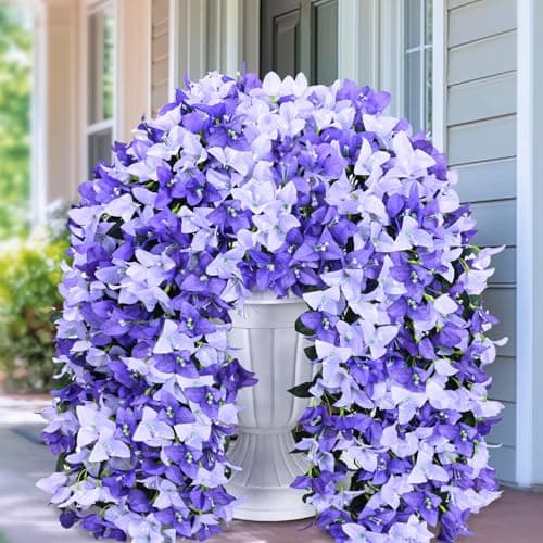 Siyaluens Artificial Flowers for Outdoors - 8 Pcs UV Resistant Realistic Faux Silk Bougainvillea Flowers, Fake Hanging Plants for Porch Patio Balcony Decoration (White & Purple) - Image 1