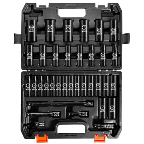 BOEN 35-Piece 1/2" Drive Deep Impact Socket Set - SAE 3/8"-1-1/4" & Metric 8-24mm, Extensions, Joint & Adapter, Cr-V Steel, Double Lock Case - Image 1
