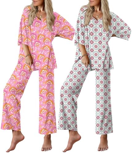 Ekouaer 2 Packs Lounge Sets for Women Short Sleeve Pajamas Set V Neck Top and Long Pants Comfy Pjs Outifts with Pockets - Image 1