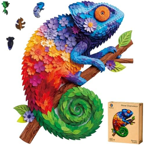 Hopelucr Wooden Puzzles for Adults, Floral Chameleon Jigsaw Puzzles for Adults 200 Pieces, Unique Animal Shaped Wood Puzzles, Challenging Animal Puzzle Gift for Family Game Night Home Decor 11x9.2 in - Image 1