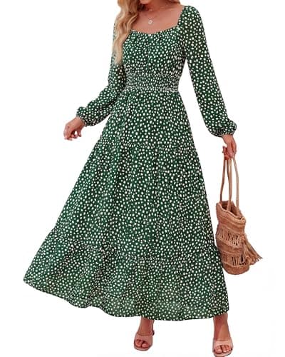 BTFBM Long Sleeve Dress for Women 2026 Spring Fall Boho Floral Square Neck Casual Flowy Long Wedding Guest Maxi Dresses(Polka Dot Green, Large) - Image 1