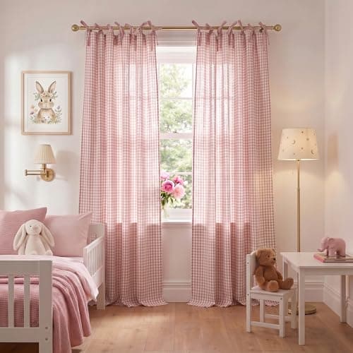 NICETOWN Dusty Rose Pink Gingham Linen Textured Curtains 84" Long with Adjustable Top Ties - Sweet Pink & White Plaid, French Country Classic Buffalo Check Drapes for Cottagecore Nursery Decor - Image 1