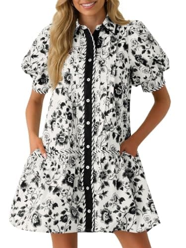 Wenrine Womens Mini Dress Summer Casual Short Puff Sleeve Floral Collared V Neck Loose Button Down Shirt Dress with Pockets Black - Image 1