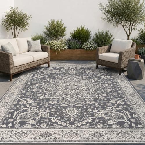 AMOAMI-Outdoor Rug-Patio Rug 5x8 ft Quick Dry Flatweave Textured Machine Washable Outdoor Carpet with Rubber Particles Backing Vintage Outdoor Area Rug for Patio Deck Front Porch Balcony Greyish Black - Image 1