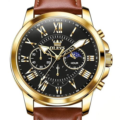 OLEVS Leather Watches for Men Luxury Brown Mens Watches Classic Chronograph Analog Quartz Waterproof Watch for Men Black Big Face Moon Phase Mens Wrist Watch Relojes para Hombres - Image 1